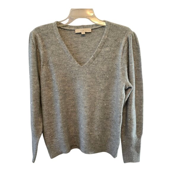 LOFT WOMENS SEQUIN DOUBLE V SWEATER PULLOVER GREY LONG SLEEVE SHIMMER SIZE LARGE - Picture 1 of 8